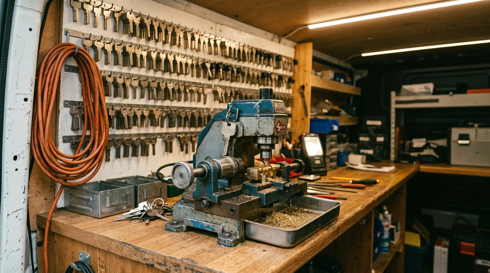Key cutting machine and blank key racks inside a locksmith service van