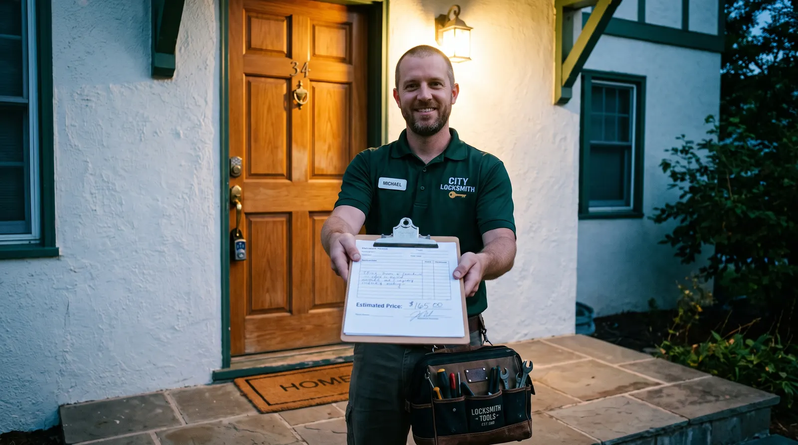 Locksmith showing a written price on a clipboard at a front door