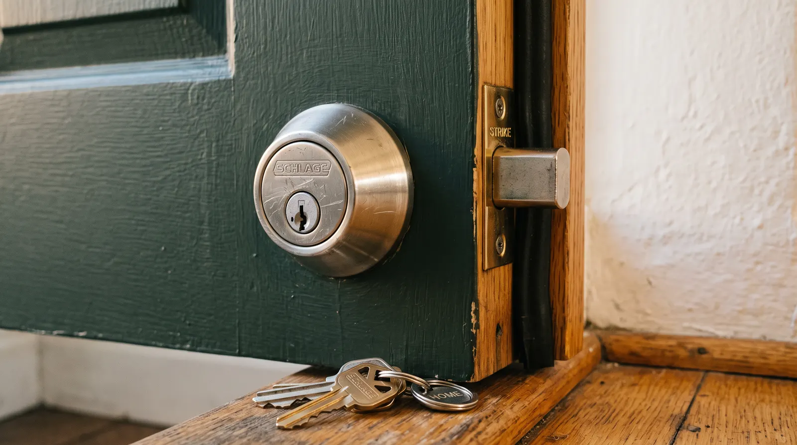 Deadbolt thrown into a strike plate seen from the exterior of a front door