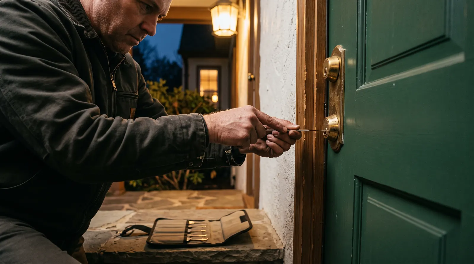 Locksmith using a tension wrench and pick on a residential lock cylinder