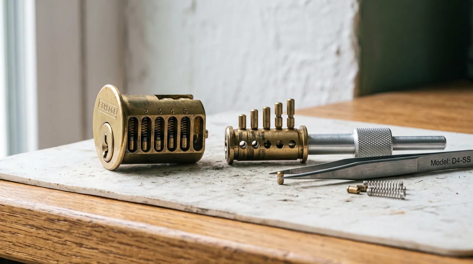 Lock cylinder plug removed showing driver pins and springs in the housing