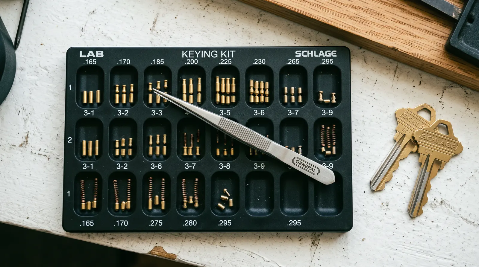 Compartment tray of graduated rekeying pins with new keys cut alongside