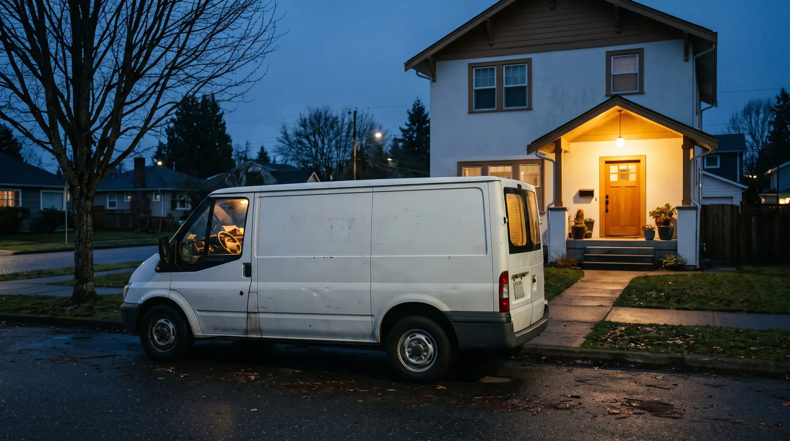 Plain unmarked van parked at a curb outside a suburban house at dusk