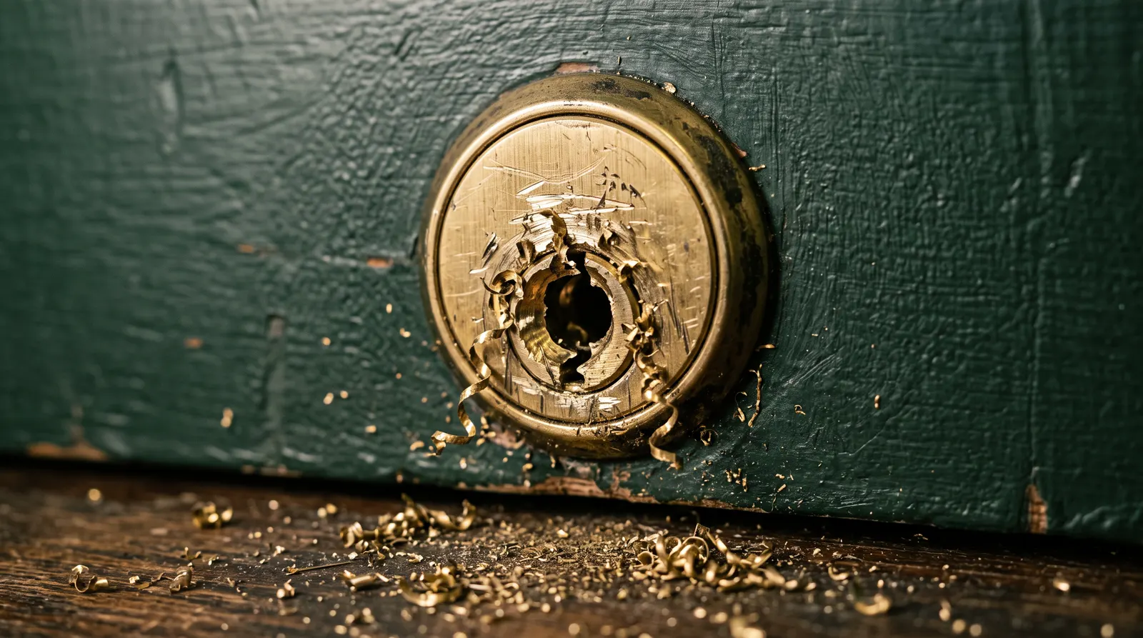Drilled-out lock cylinder with swarf and a bright bored hole in the face