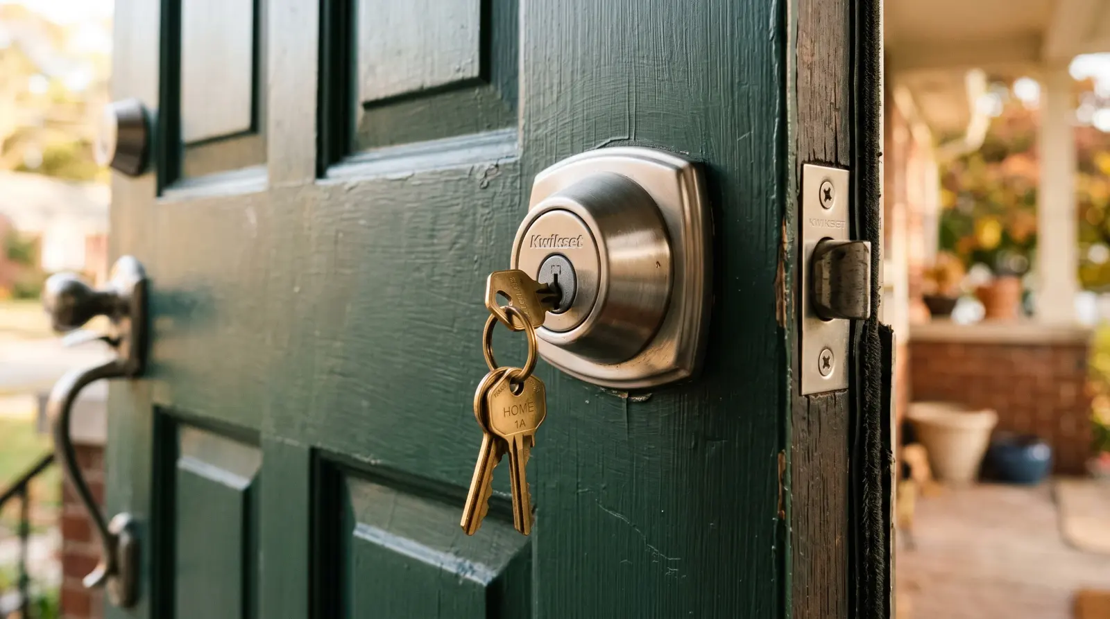 Front door deadbolt cylinder with a locksmith's pick tool in place