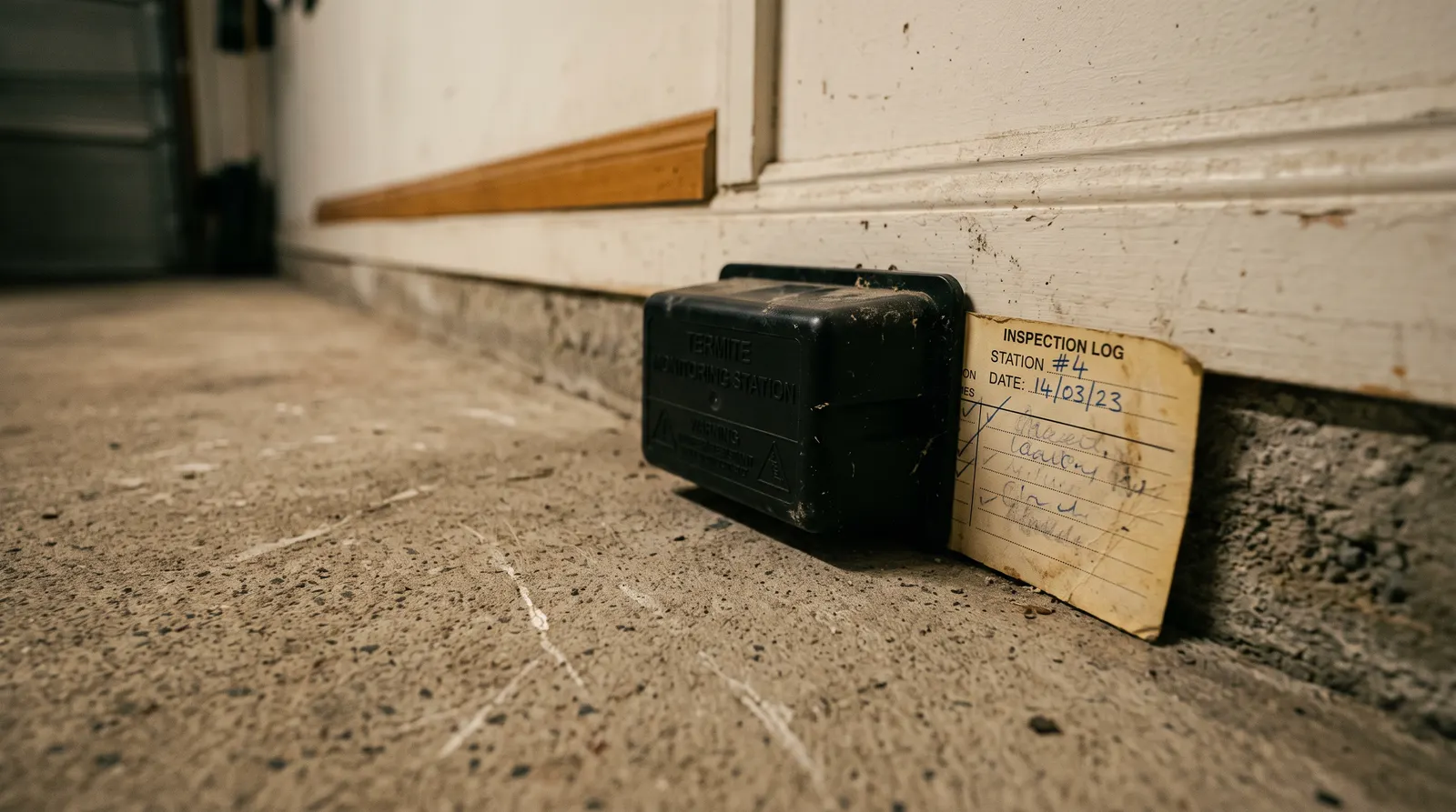 Monitoring station placed along a garage wall with a dated inspection card