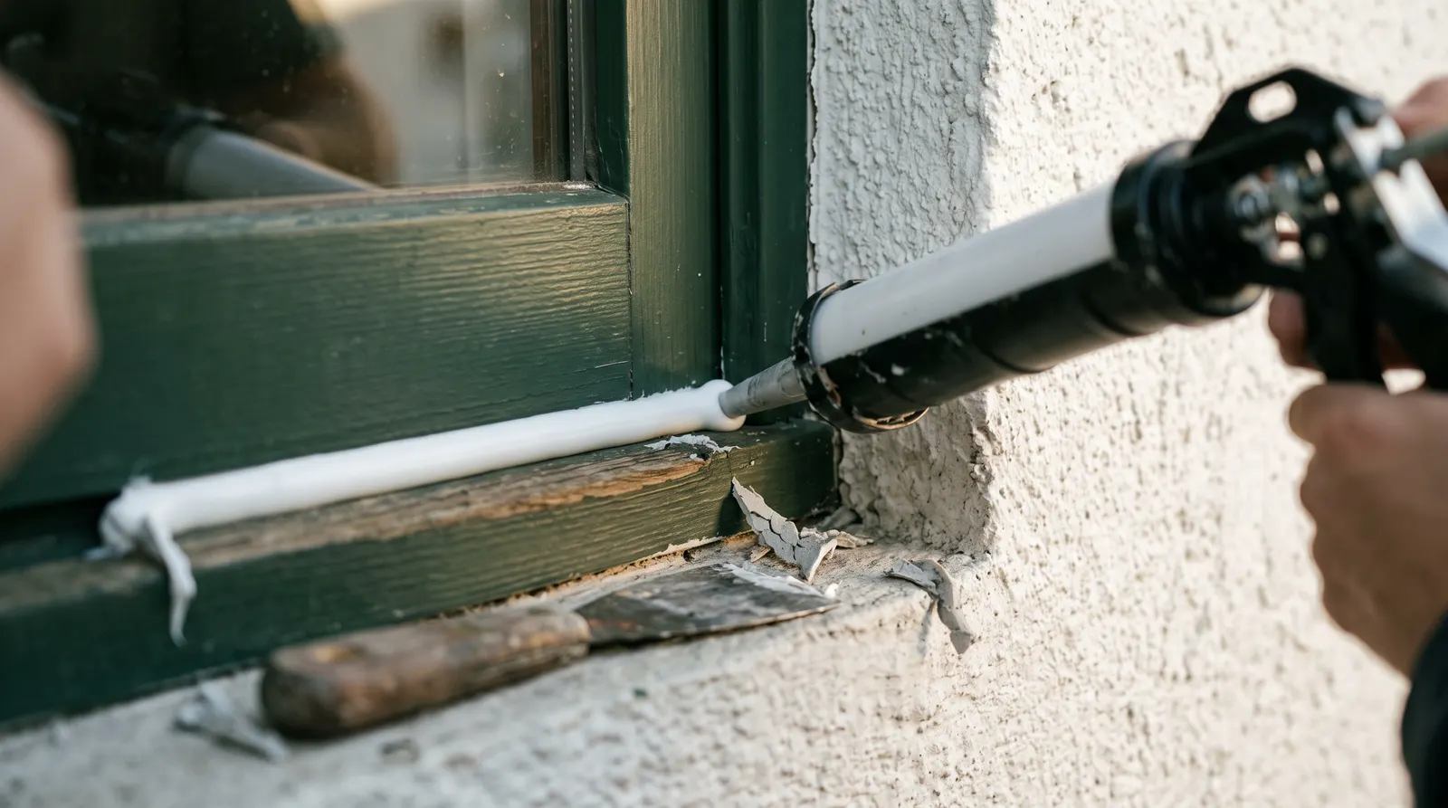 Caulk gun sealing a gap around a window frame on an exterior wall