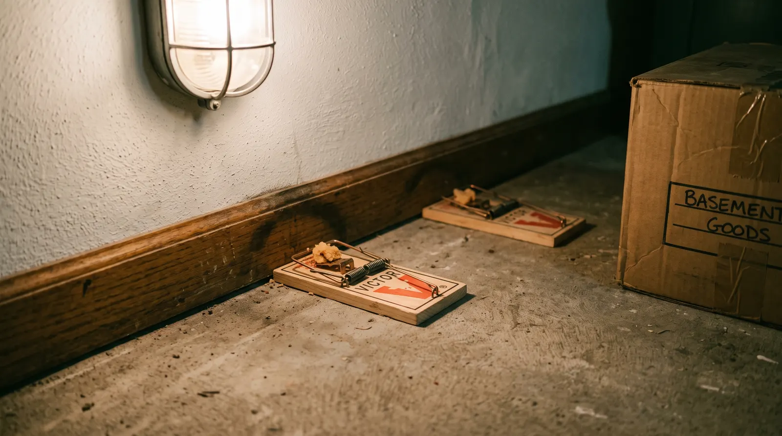 Snap traps set perpendicular to a baseboard runway in a basement