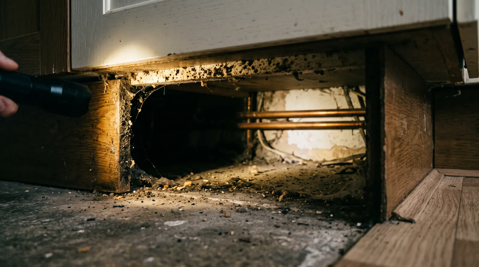 Gap behind a kitchen kickboard with roach fouling along the edge