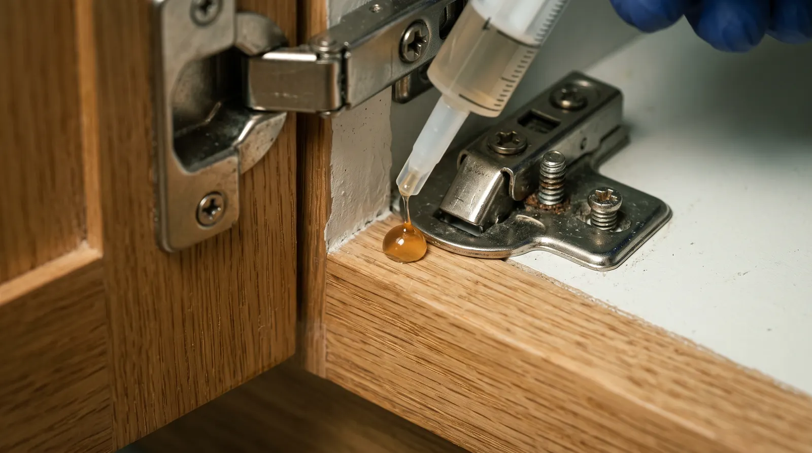 Bead of cockroach gel bait applied into a cabinet hinge corner