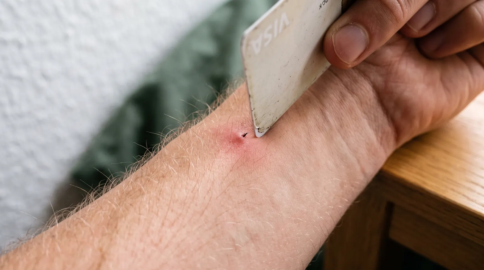 Card edge scraping a bee stinger sideways from the skin of a forearm