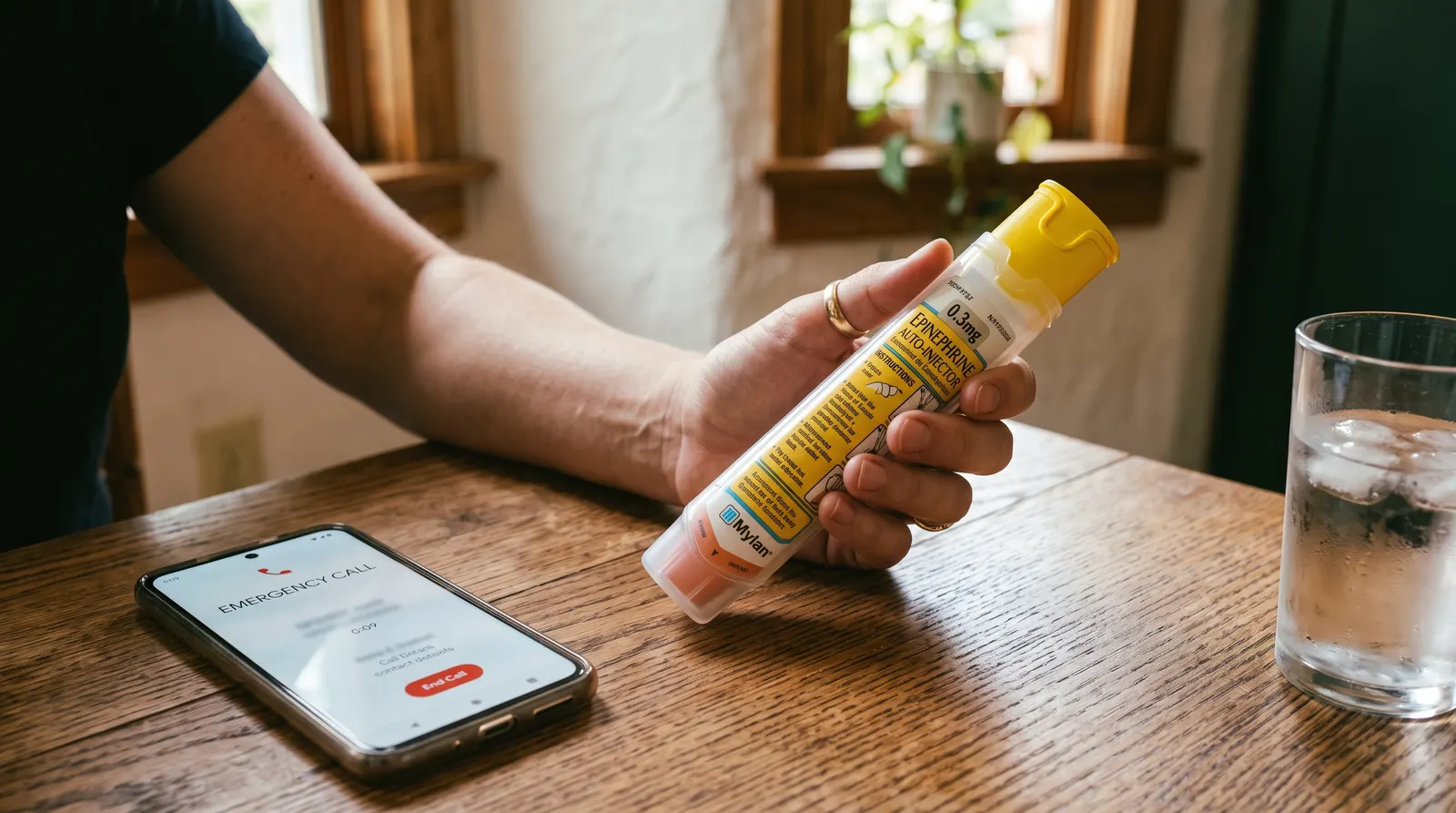 Epinephrine auto-injector held ready beside a phone showing an emergency call