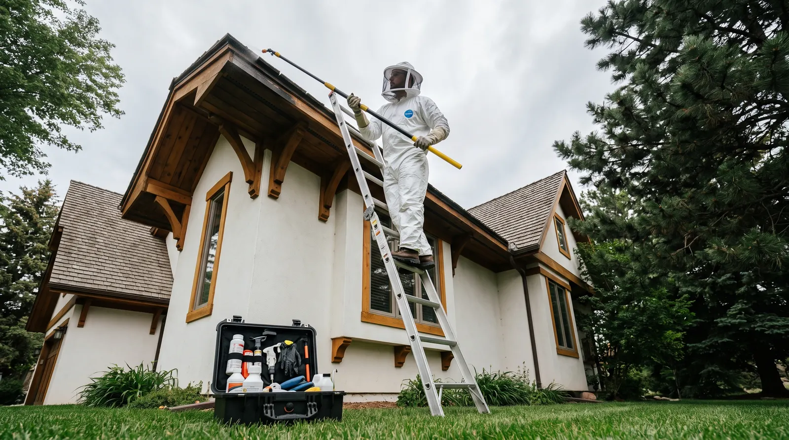 Pest technician in a protective bee suit working at an eave with an extension pole