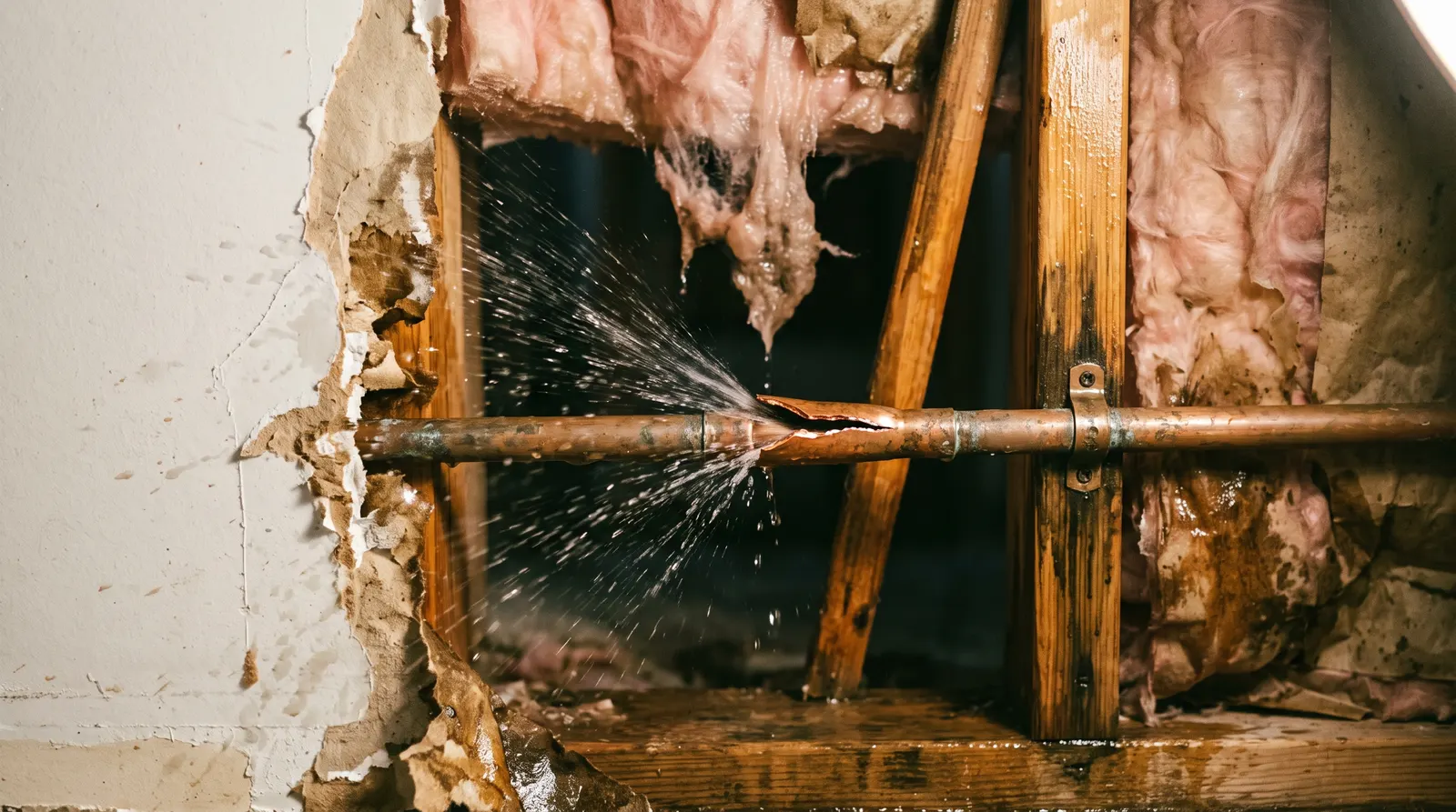 Split half-inch copper supply line spraying a fine fan of water inside a stud wall cavity