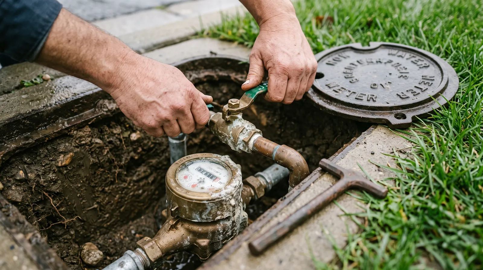 Homeowner turning a quarter-turn ball valve on a residential water meter in a curbside pit