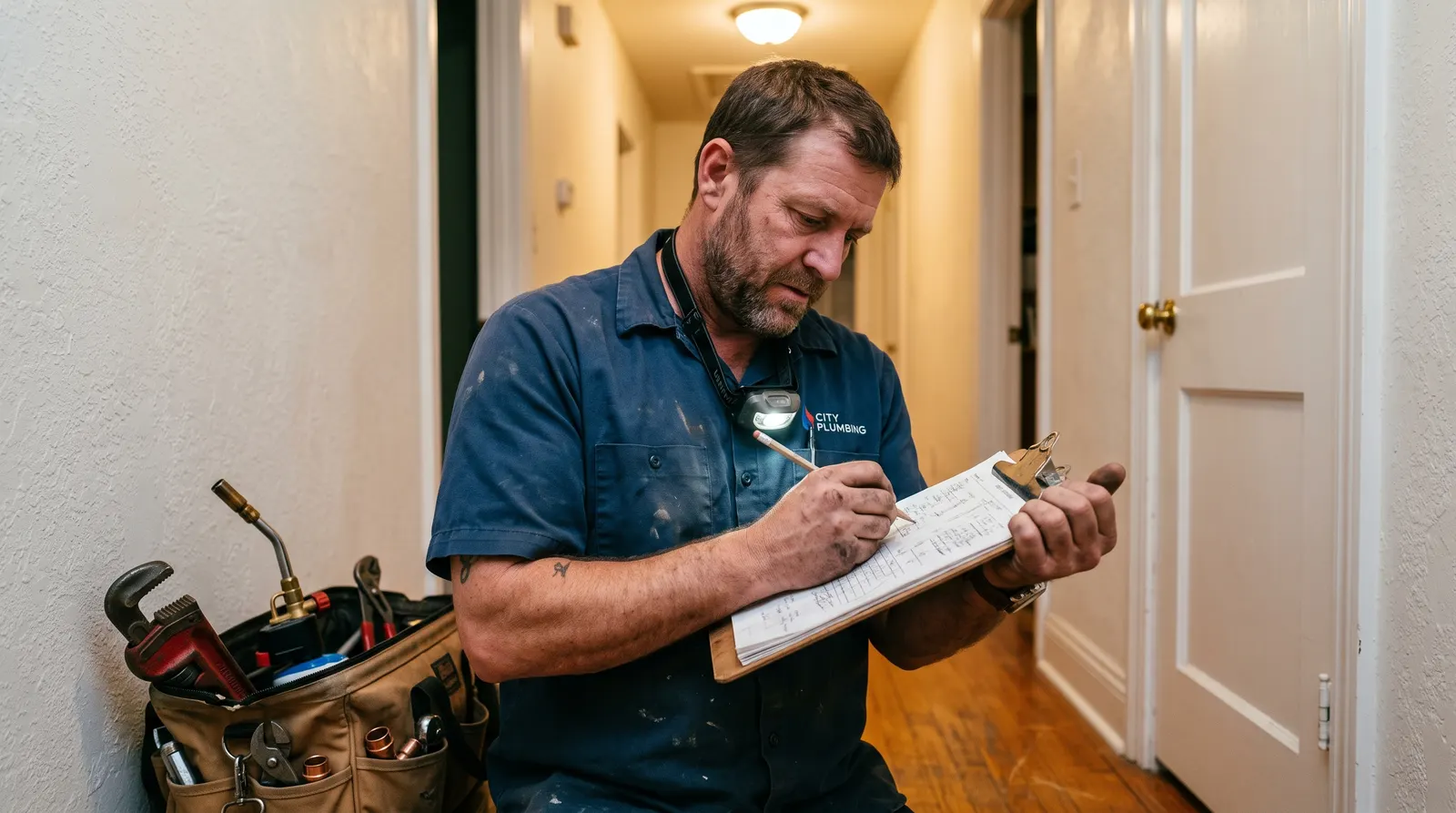 Plumber writing an itemised quote on a clipboard beside an open tool bag at night