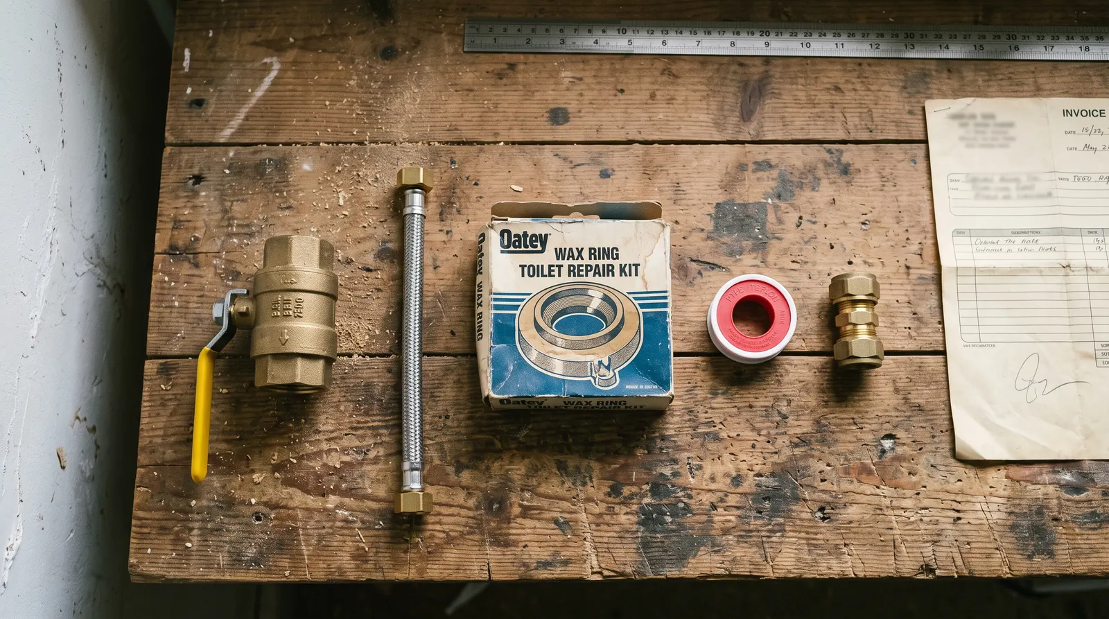 Replacement plumbing parts laid out on a workbench beside an invoice