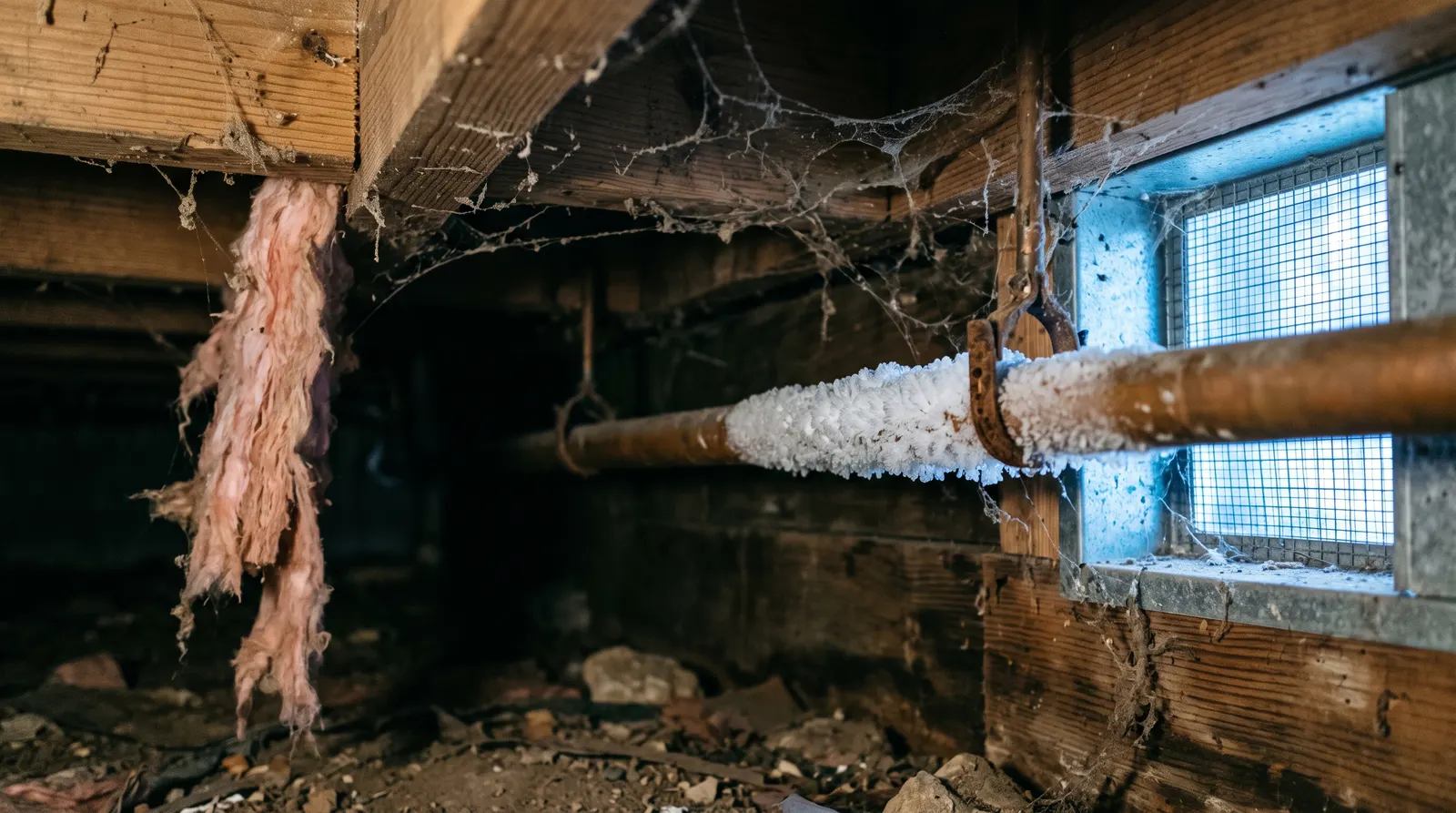 Frost-covered copper pipe running through an uninsulated crawlspace against a foundation wall