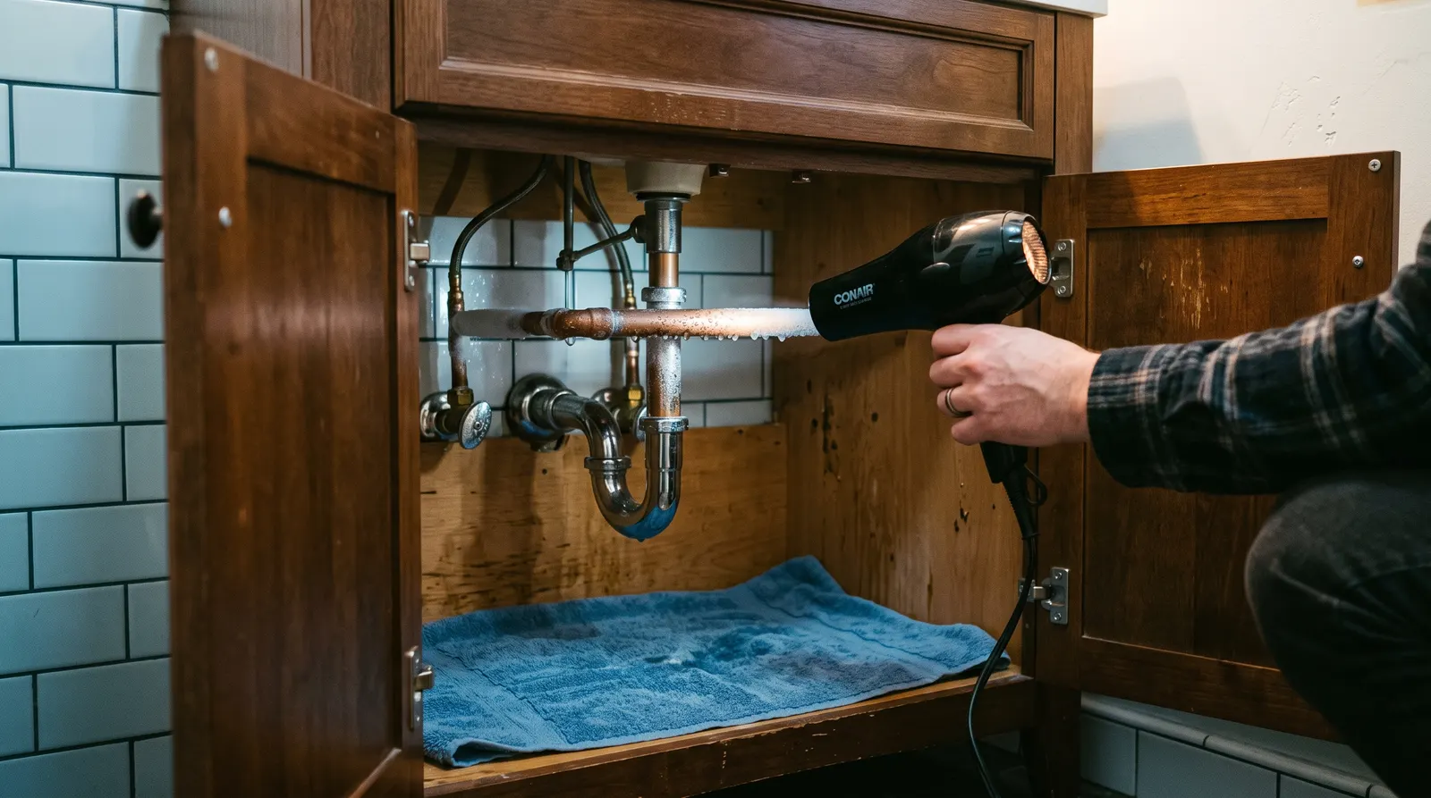 Hair dryer directed along a frozen pipe under a sink with the cabinet doors open
