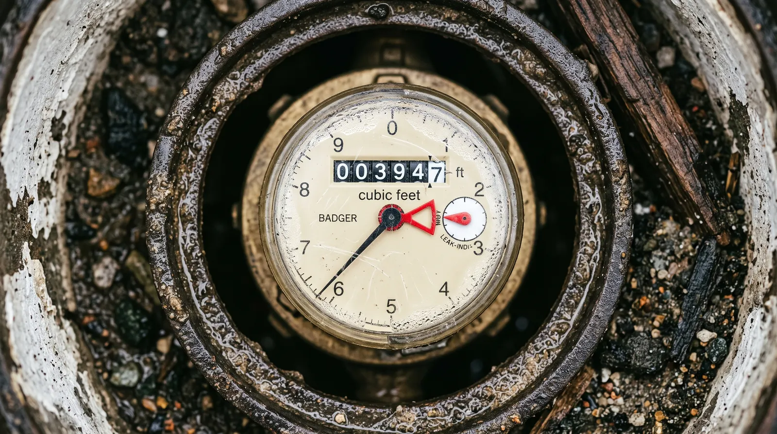Residential water meter register with the low-flow leak indicator triangle turning