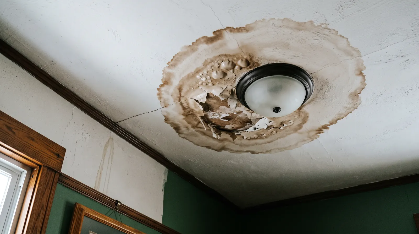 Brown tide-line water stain spreading across a painted ceiling around a light fitting