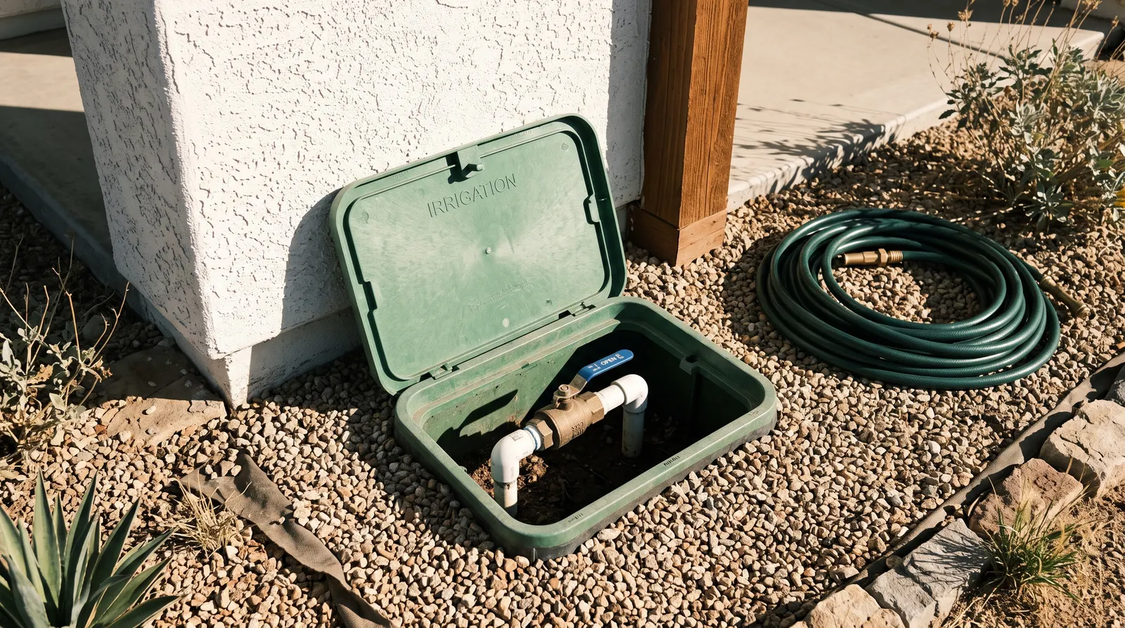 Exterior water shut-off box set into gravel beside a slab-on-grade house wall