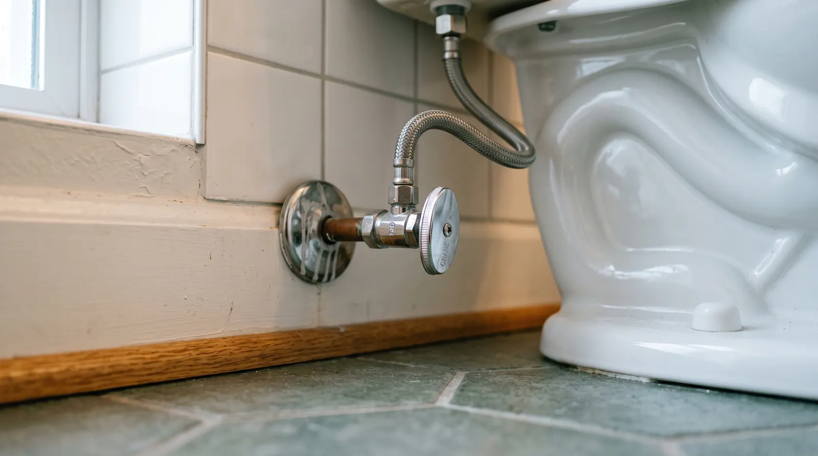 Chrome angle stop valve on the water supply line behind a toilet base