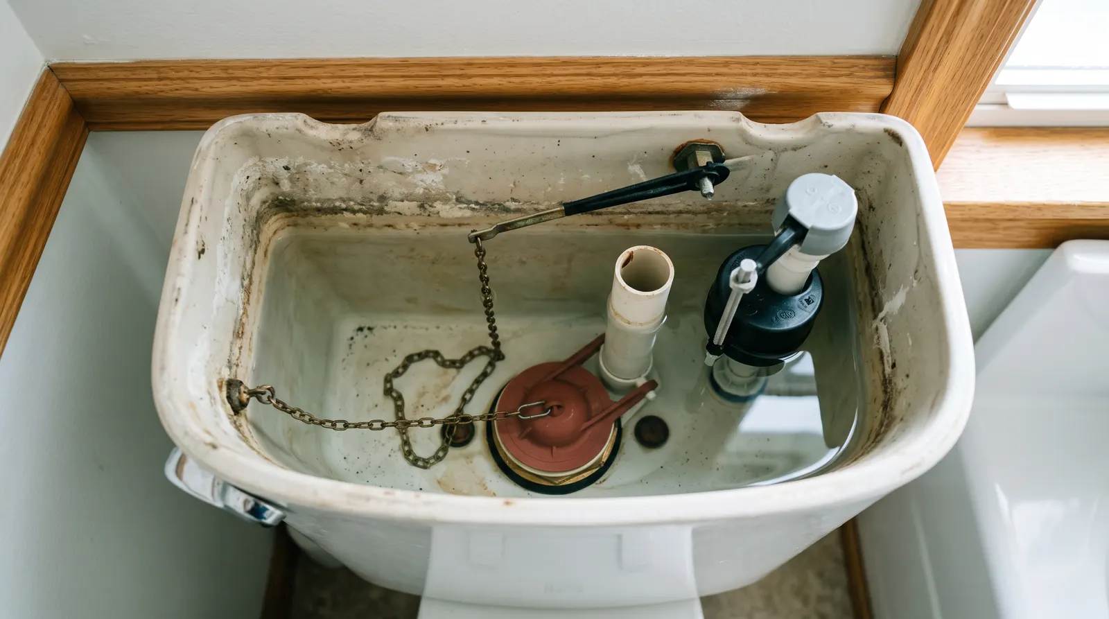 Open toilet tank showing the flapper, fill valve and float assembly