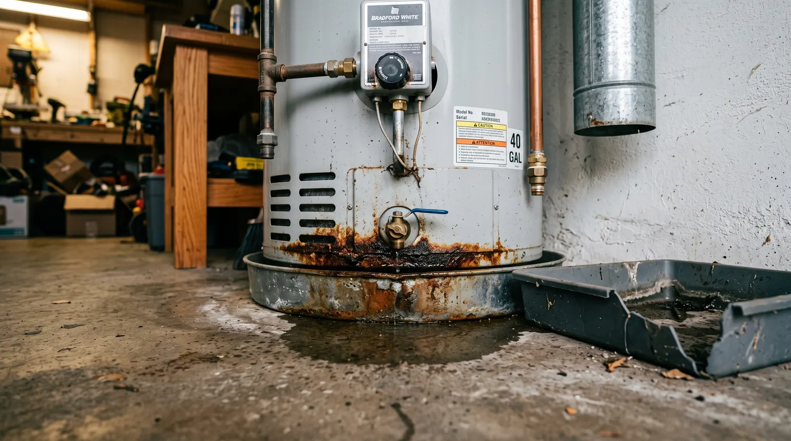 Base of a residential gas water heater with rust staining and a wet ring on the concrete floor