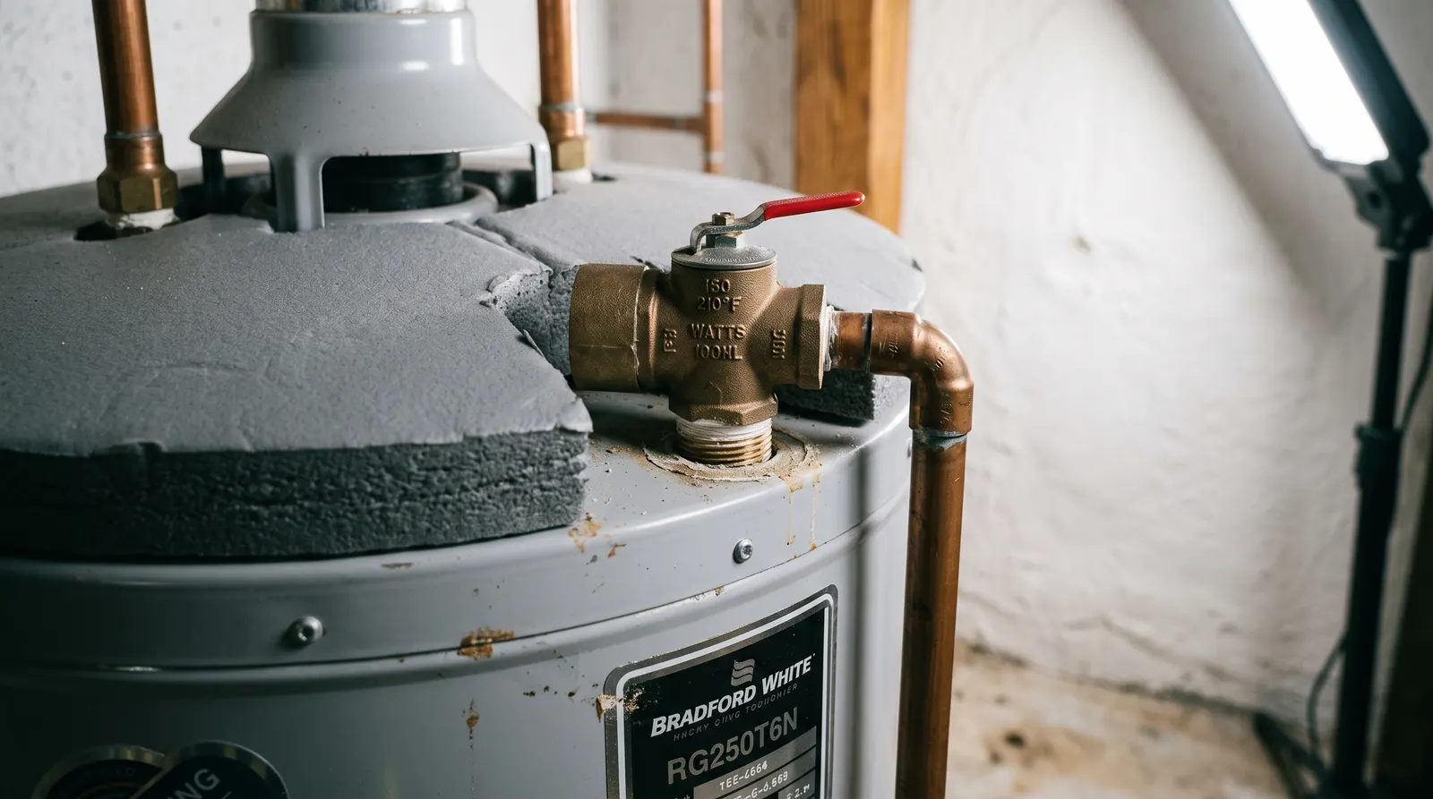 Temperature and pressure relief valve on a water heater with its copper discharge pipe