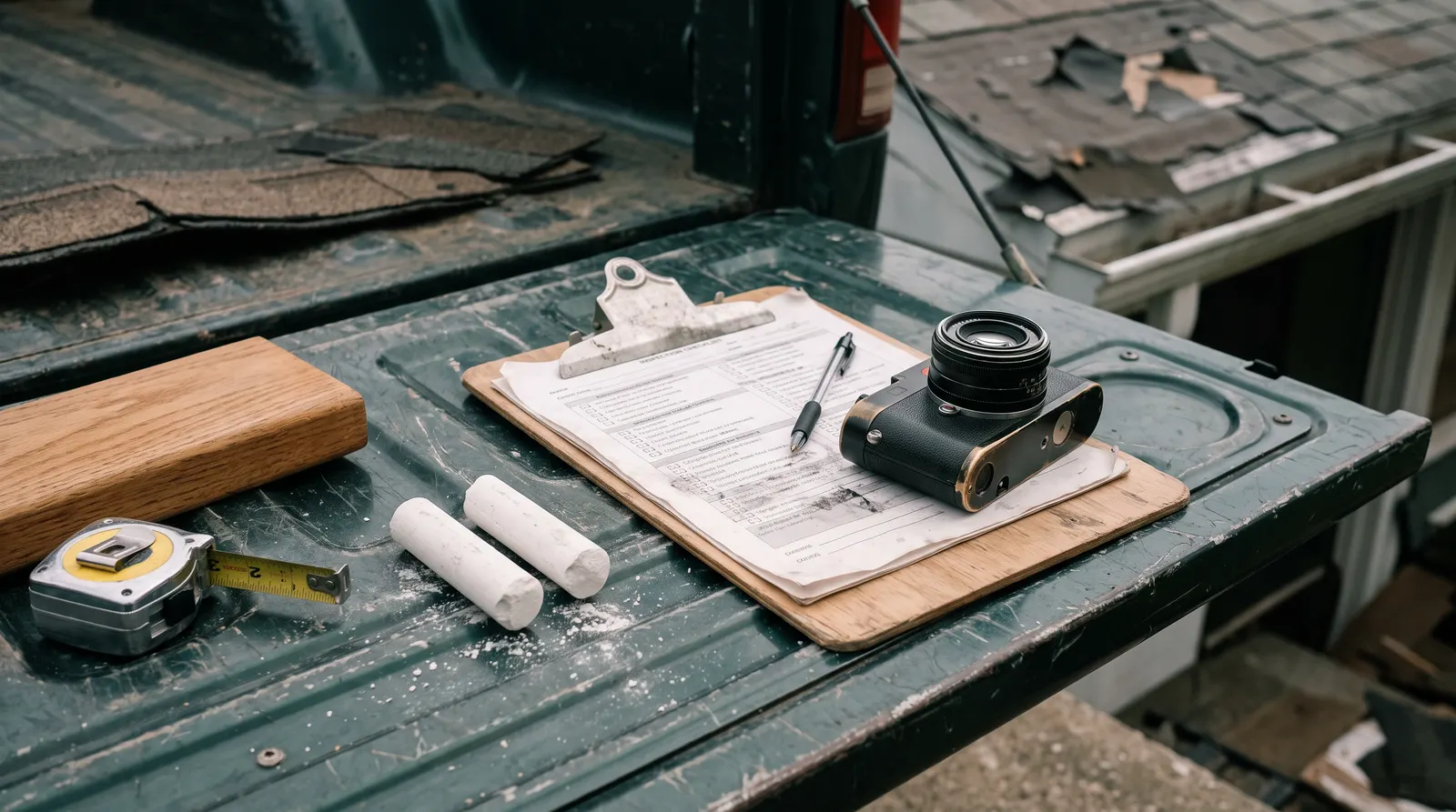 Clipboard checklist and camera laid on a tailgate before a roof inspection