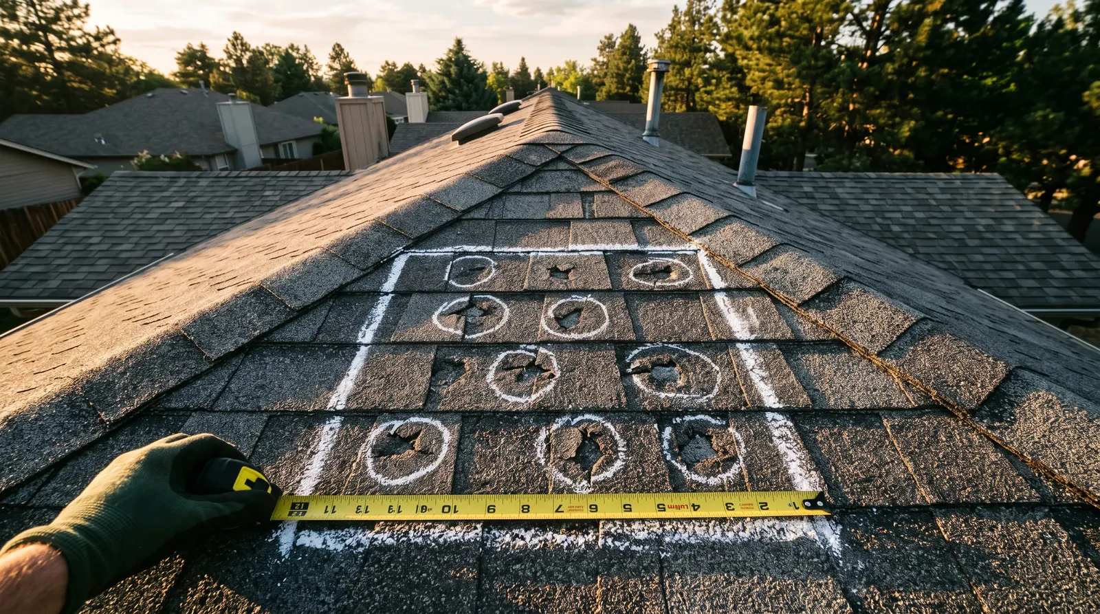 Chalked ten-by-ten test square marked on a hail-damaged roof slope