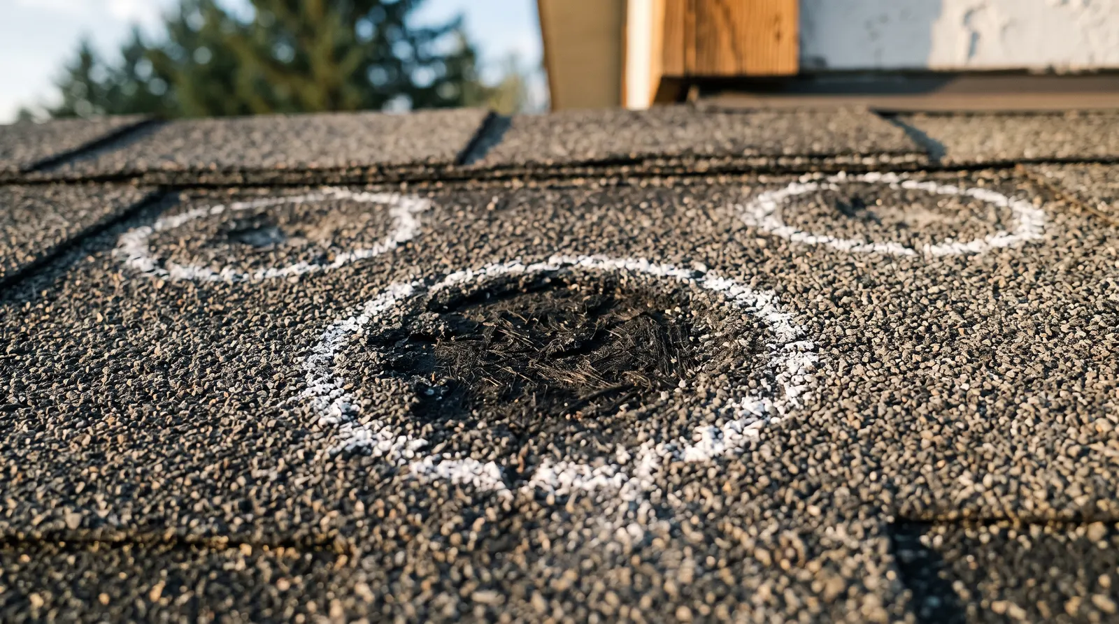 Circular hail impact bruise on an asphalt shingle with granules displaced