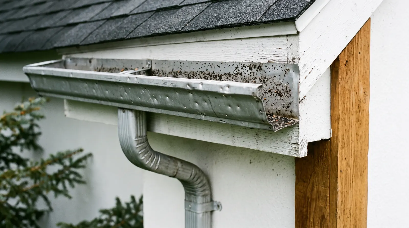 Dented aluminium gutter and downspout showing hail strike marks