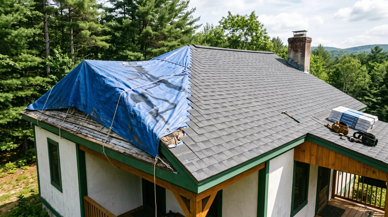 Tarped roof section beside a newly shingled repair area