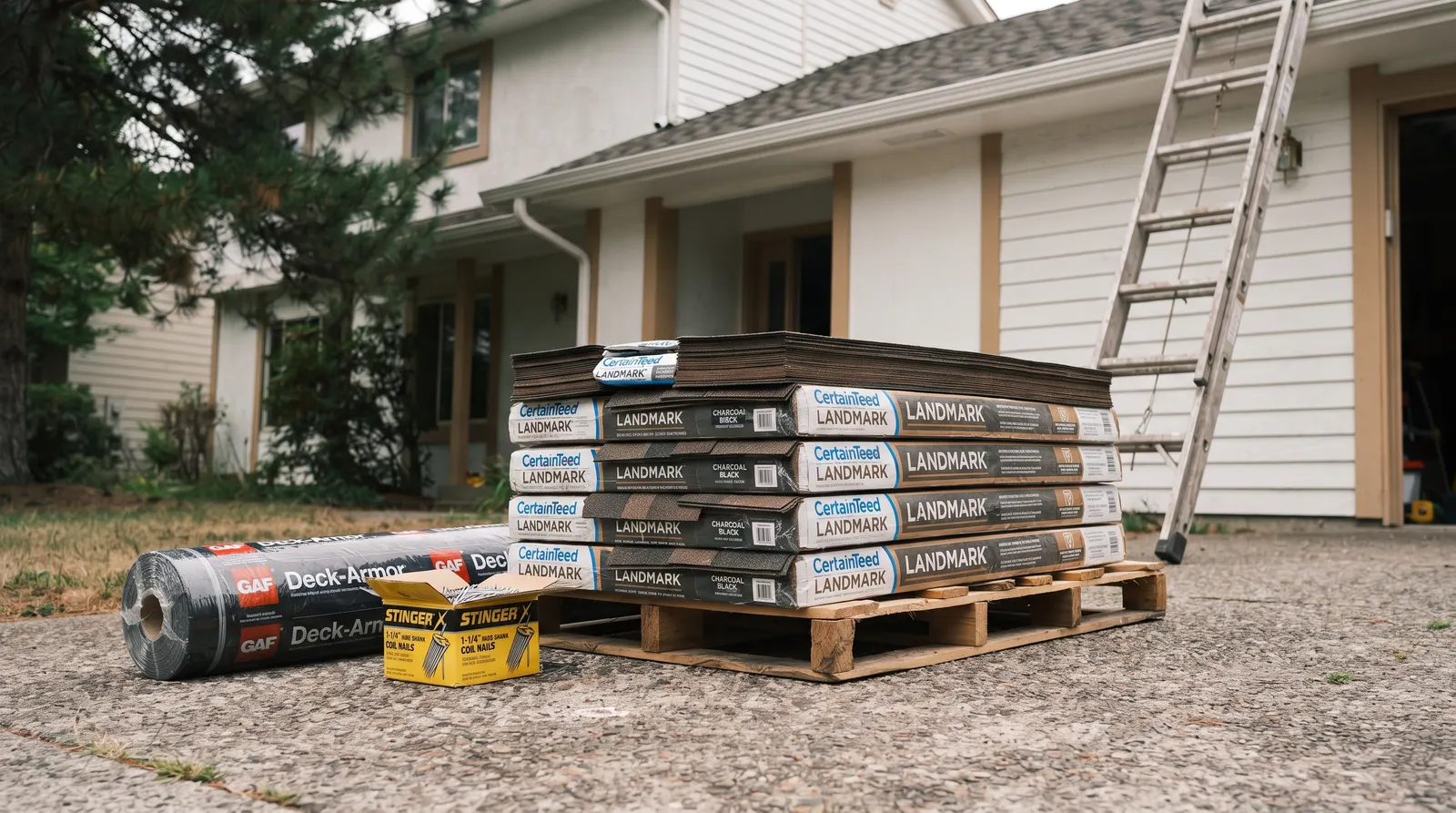 Bundles of asphalt shingles and underlayment stacked on a driveway