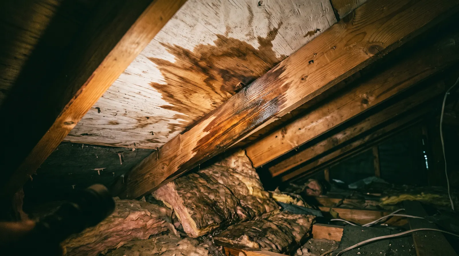 Water tracking along an attic rafter with a dark stain on the sheathing above