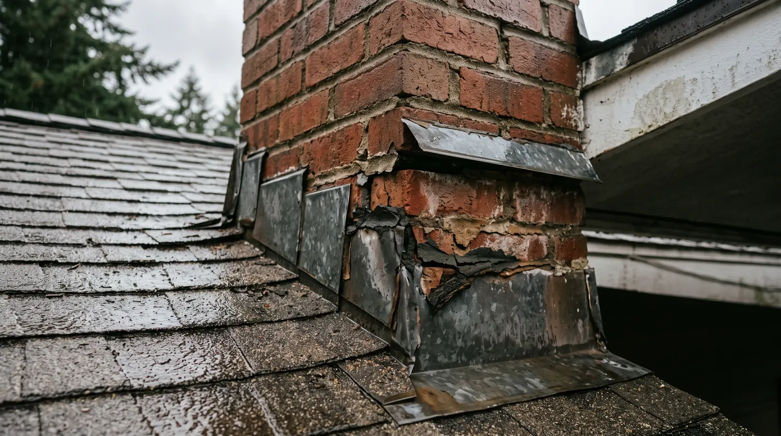 Step flashing at a chimney with sealant failed and a gap at the masonry joint