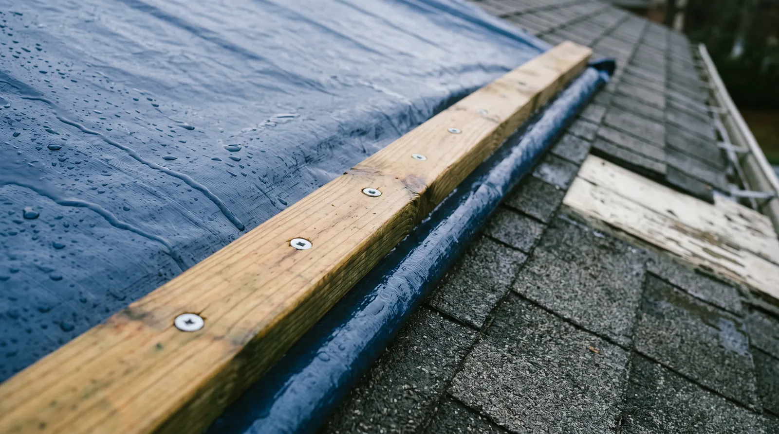 Timber batten screwed over a blue tarp edge along a roof slope