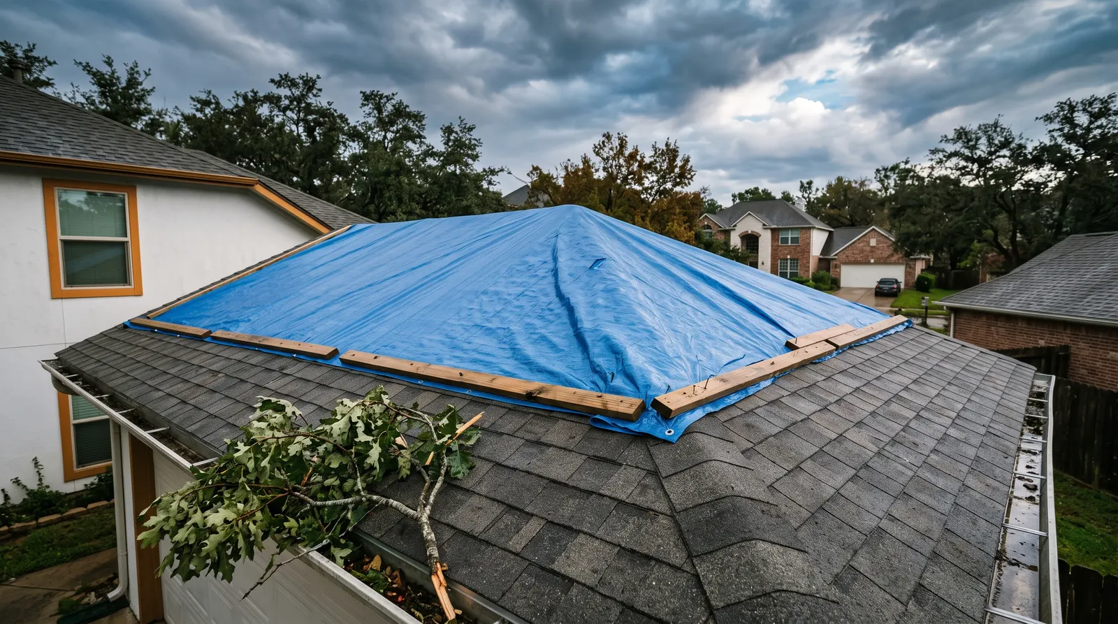 Blue tarp carried over a roof ridge and secured on the opposite slope