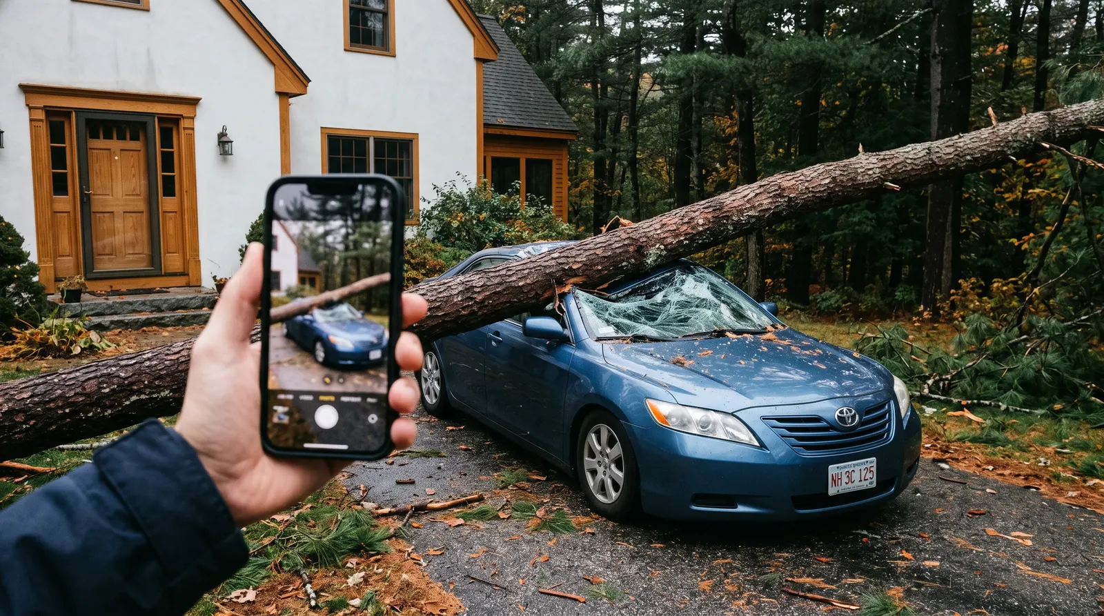 Fallen tree across a parked car with a phone photographing the damage