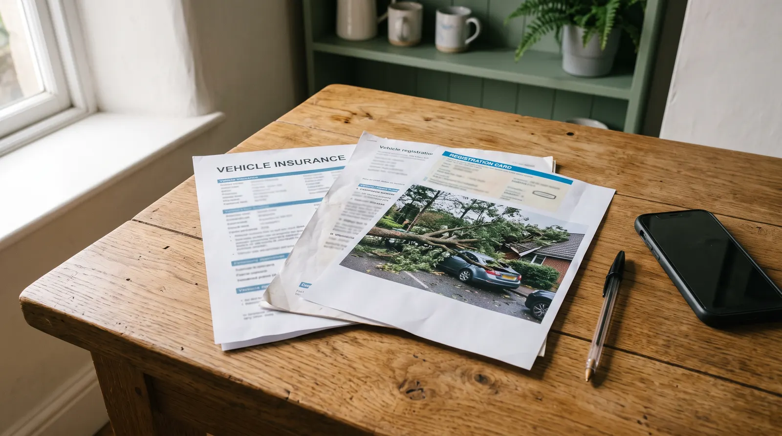 Insurance documents and vehicle registration laid out on a kitchen table