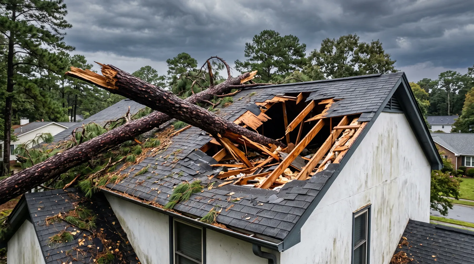 Large tree limb resting through a broken section of residential roof