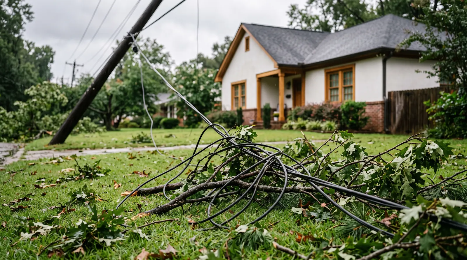Downed power line tangled in fallen branches across a residential yard