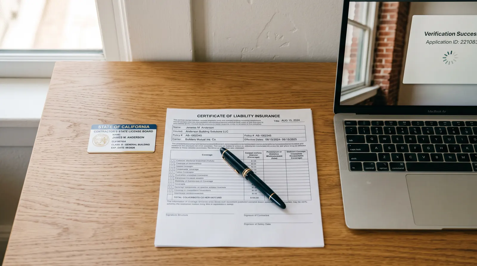 Contractor license and insurance certificate laid out for verification