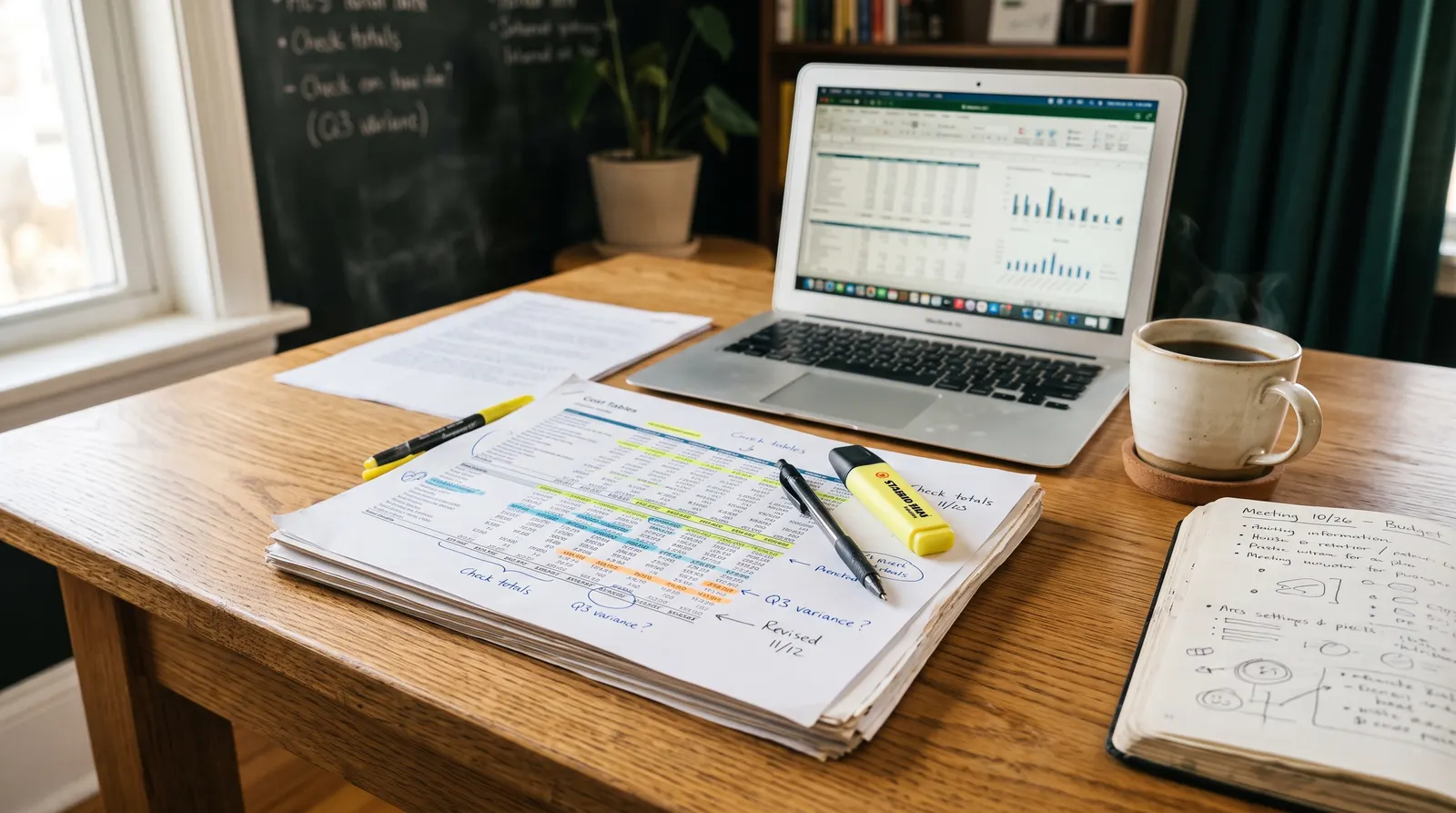 Printed cost tables annotated with a highlighter beside a laptop