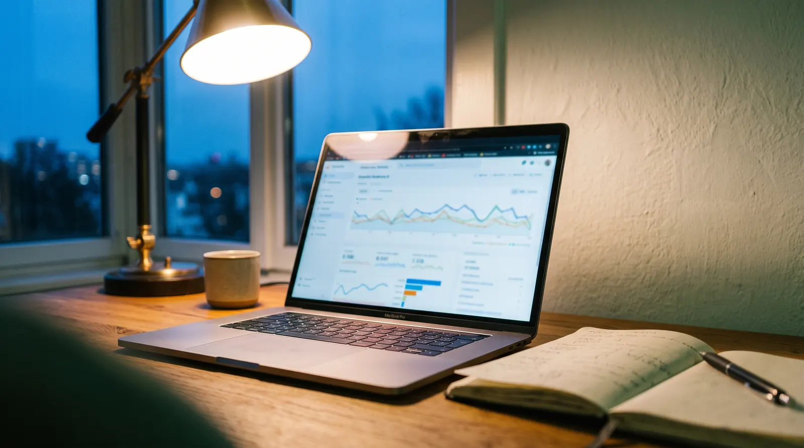 Analytics dashboard on a laptop screen in a home office at dusk