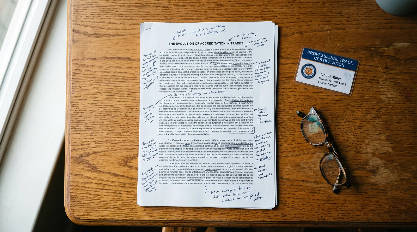 Hand-annotated article draft beside a trade certification card on a desk