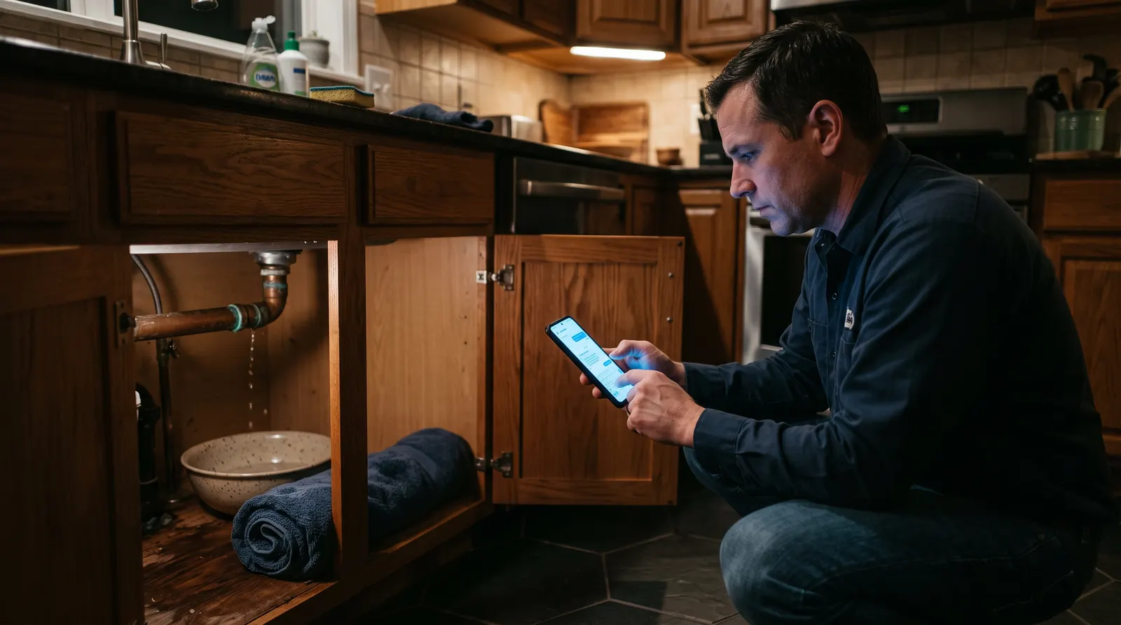 Homeowner typing a service request on a phone beside a leaking pipe under a sink