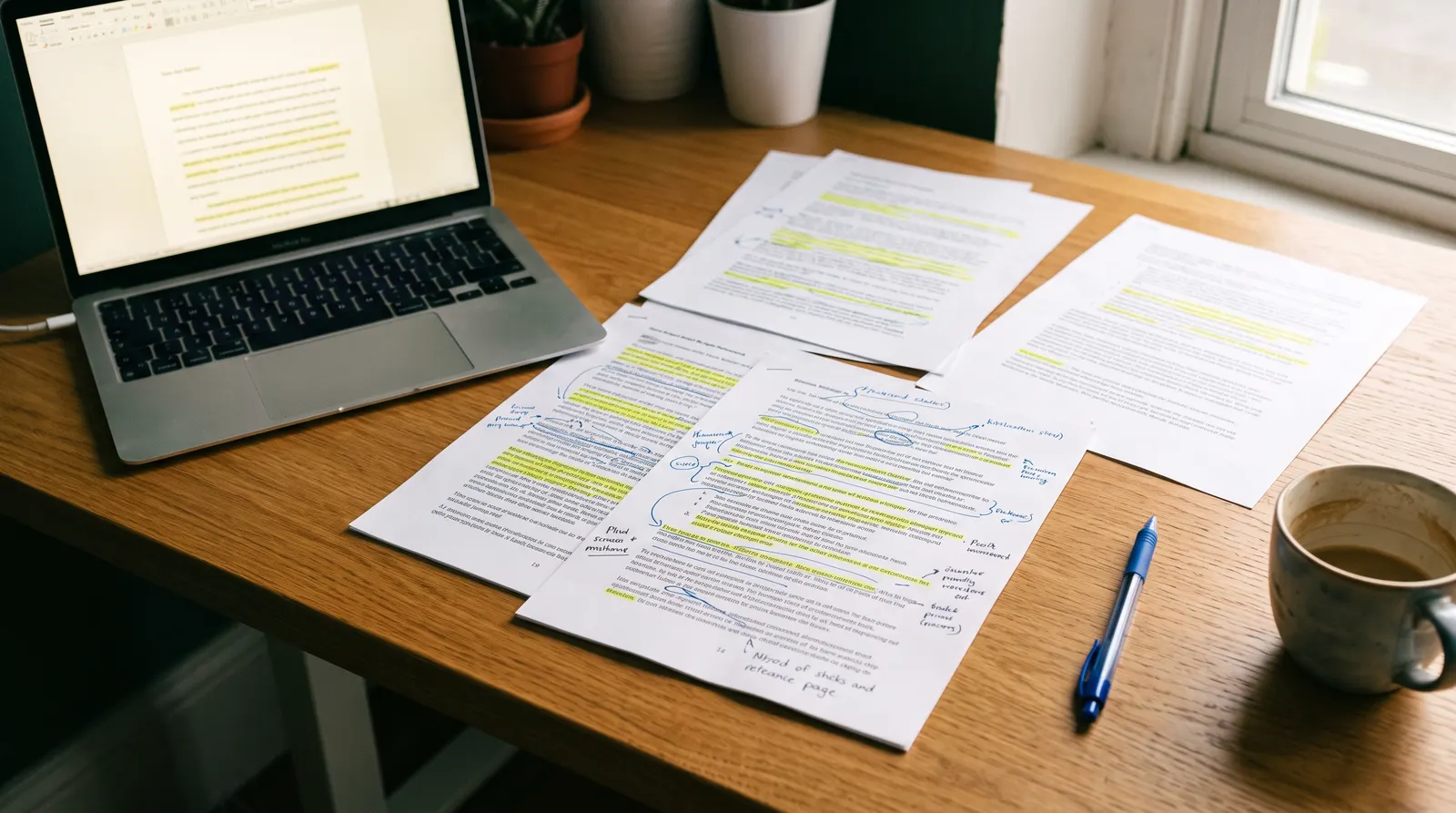 Printed source documents annotated beside a laptop showing a reference page